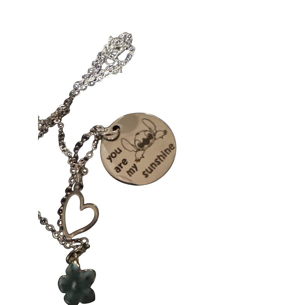Disney Lilo and Stitch You Are My Sunshine Charm Necklace Silver Heart Flower - Picture 2 of 3